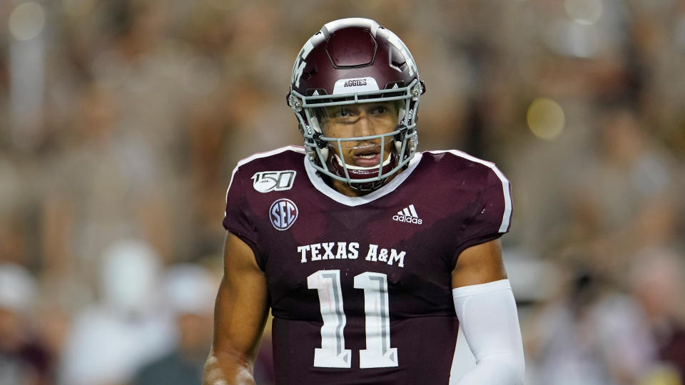 Texas A&M's Kellen Mond (11) gets a signal from the bench during the Aggies' game against Texas State on Aug. 29. (AP)