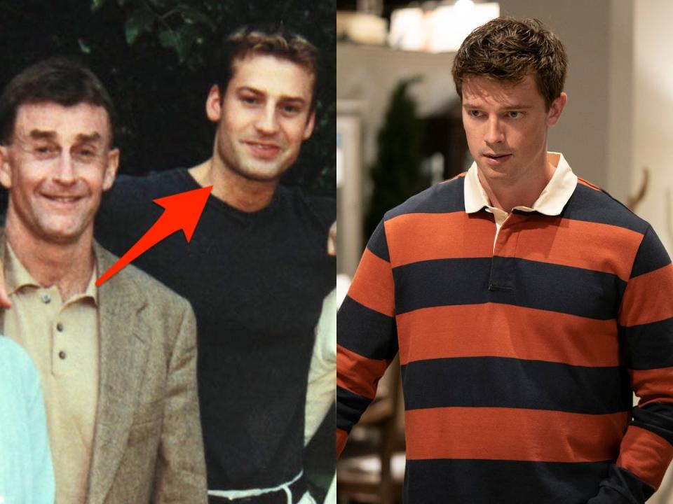 Todd Peterson with father Michael Peterson in an undated photo, left; Patrick Schwarzenegger as Todd on HBO's "The Staircase," right.