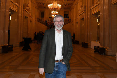 Sinn Fein's Gerry Adams leaves Parliament buildings at Stormont for the last time in his role as Sinn Fein President in Belfast, Northern Ireland, February 9, 2018. REUTERS/Clodagh Kilcoyne