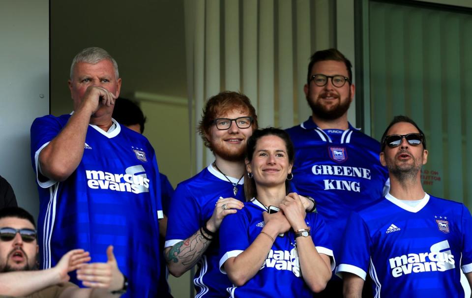 Ed Sheeran and fiance Cherry Seaborn look on during the Sky Bet Championship match between Ipswich Town and Aston Villa at Portman Road (Getty Images)