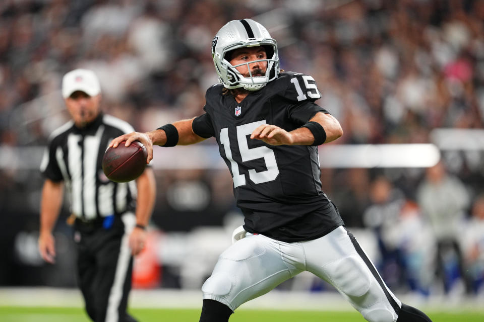 LAS VEGAS, NEVADA - AUGUST 17:  Quarterback Gardner Minshew #15 of the Las Vegas Raiders throws against the Dallas Cowboys during the first half of a game at Allegiant Stadium on August 17, 2024 in Las Vegas, Nevada.  (Photo by Chris Unger/Getty Images)