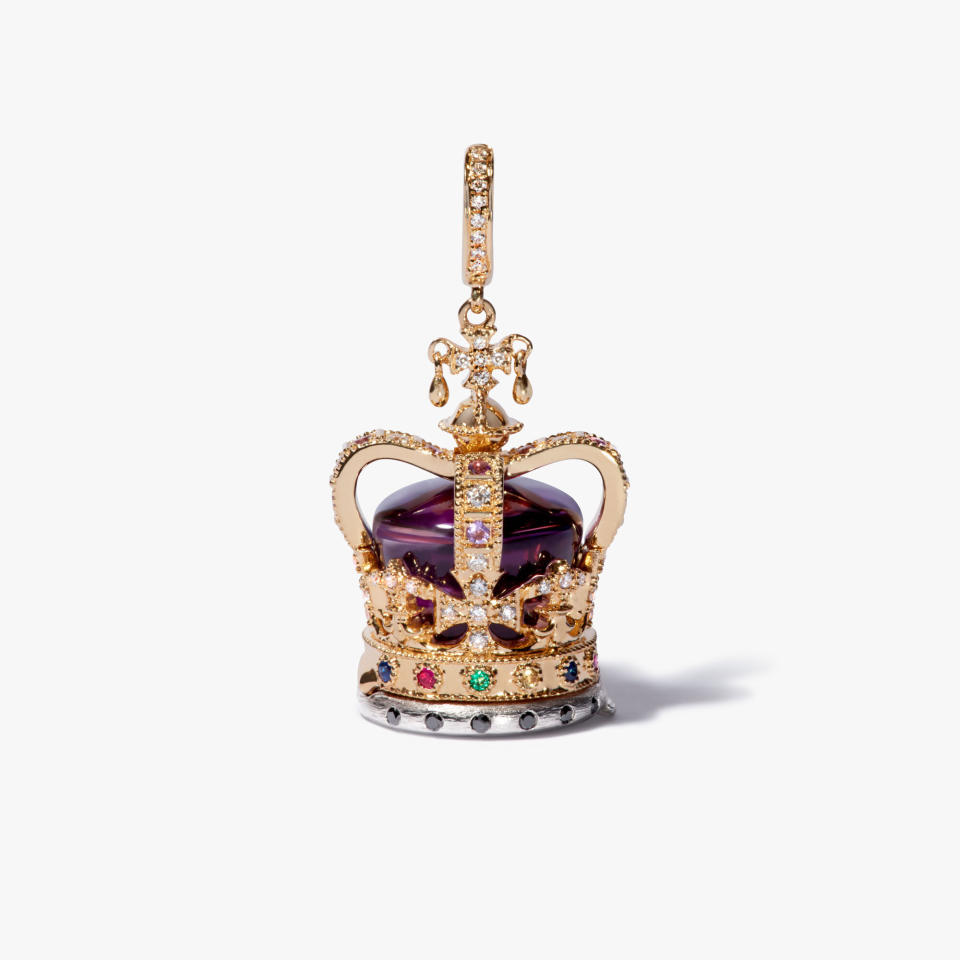 London fine jeweler Annoushka has issued an 18-karat yellow gold amethyst and diamond Coronation Crown Locket Charm. It is a miniature representation of the St Edwards Crown, which will be worn by King Charles III when he is anointed King.