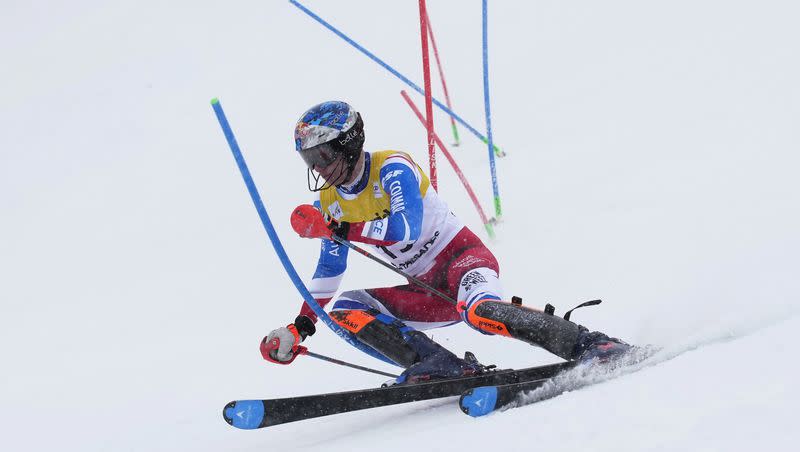 France’s Clement Noel competes during a men’s World Cup slalom skiing race on Feb. 26, 2023, in Olympic Valley, Calif. France’s big to host a future Winter Olympics has great support and opposition.