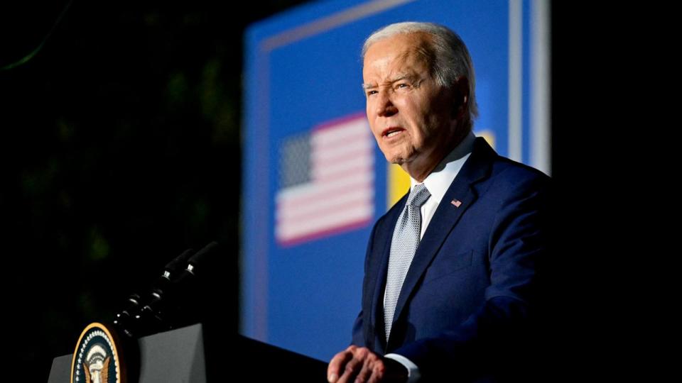 PHOTO: President Joe Biden speaks during a press conference with Ukrainian President Volodymyr Zelensky at the Masseria San Domenico on the sidelines of the G7 Summit hosted by Italy in Apulia region, on June 13, 2024 in Savelletri. (Mandel Ngan/AFP via Getty Images)