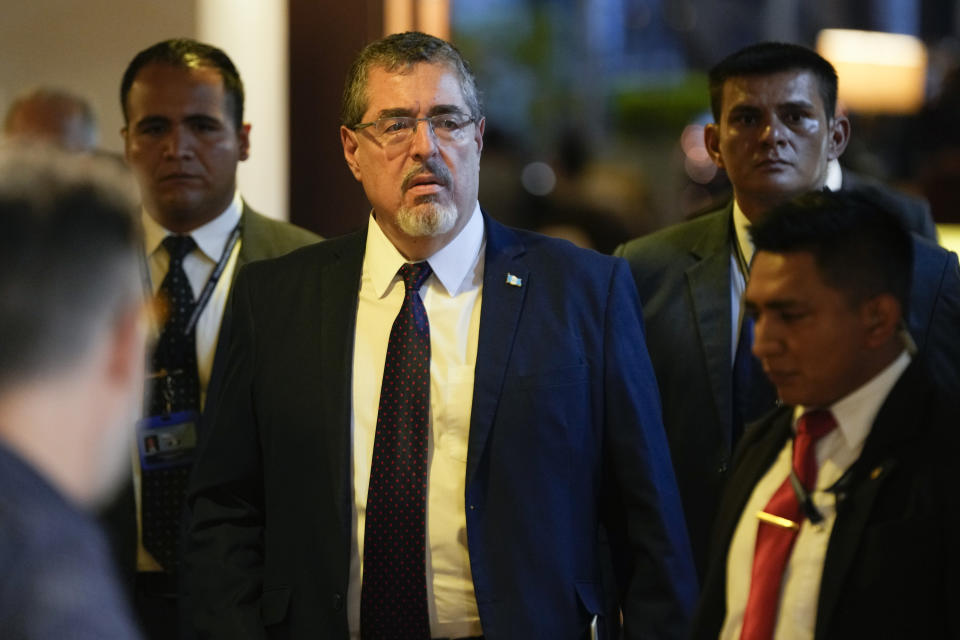 Guatemalan President-Elect Bernardo Arévalo arrives for a press conference in Guatemala City, Monday, Sept. 4, 2023. Arevalo met today with President Alejandro Giammattei and OAS Secretary General Luis Almagro. (AP Photo/Moises Castillo)