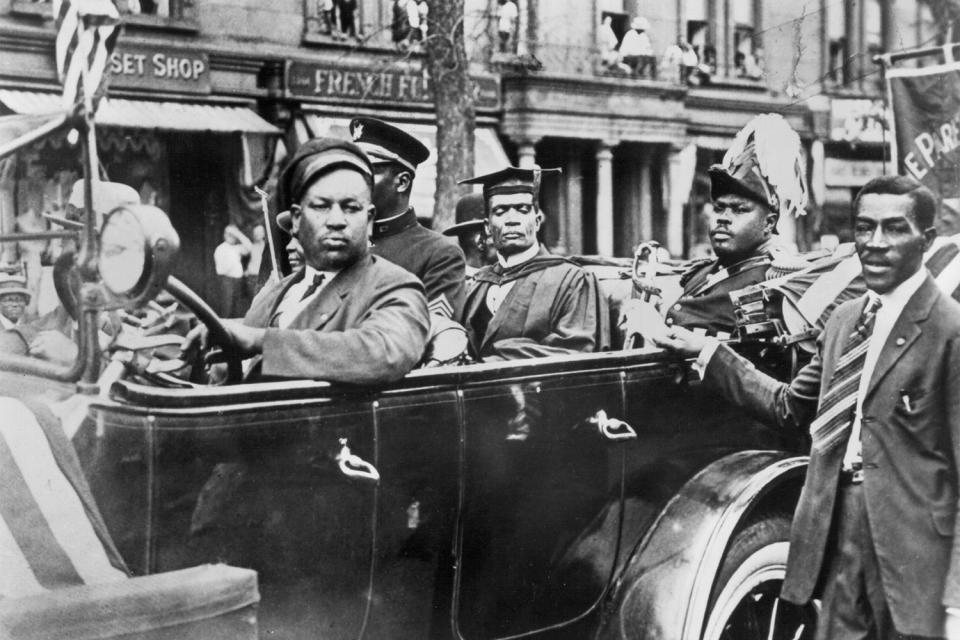 <p>James Van Der Zee took this shot of activist Marcus Garvey, seen here in military uniform during a Universal Negro Improvement Association (U.N.I.A.) parade in Harlem in 1924.</p>