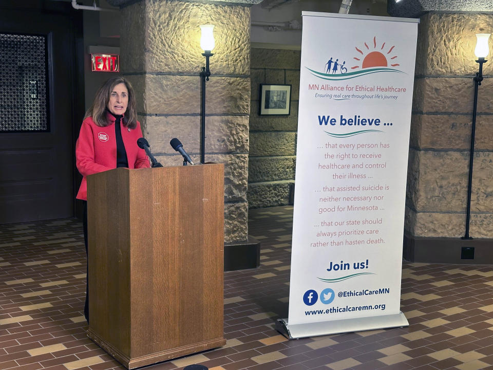 Nancy Utoft, president of the Minnesota Alliance for Ethical Healthcare, speaks at a news conference against a bill to allow physician-assisted suicide in Minnesota at the State Capitol on Thursday, Jan. 25, 2024 in St. Paul, Minn.. Ten states and the District of Columbia already allow some form of physician-assisted suicide, while proponents are planning fresh pushes to pass it this year in several other states. (AP Photo/Steve Karnowski)