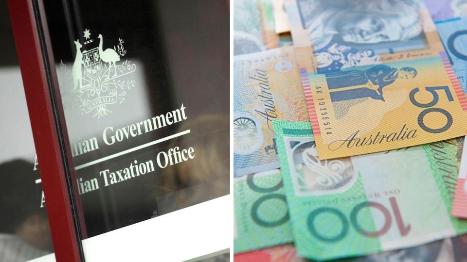 Composite image of Australian Taxation Office signage and money,