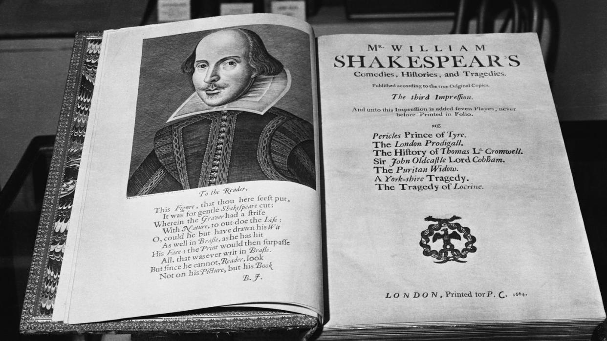 a book opened to its title page that includes a drawn portrait of william shakespeare on the left side and additional details about the book, including its name, on the right side