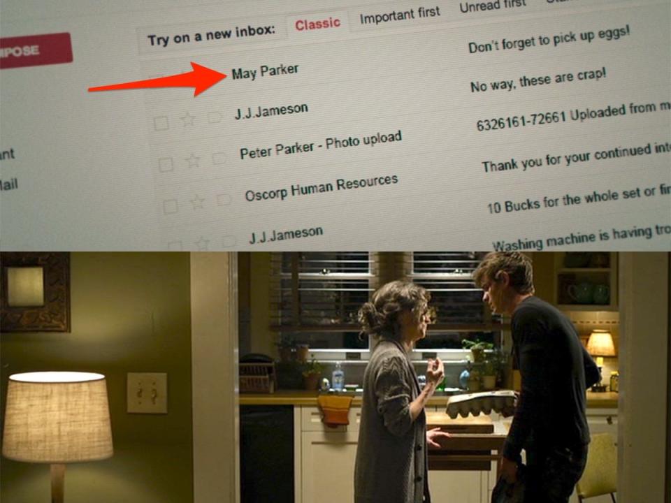 In the top image: Peter Parker's email inbox seen in "The Amazing Spider-Man 2." In the bottom image: Aunt May and Peter Parker in "The Amazing Spider-Man."