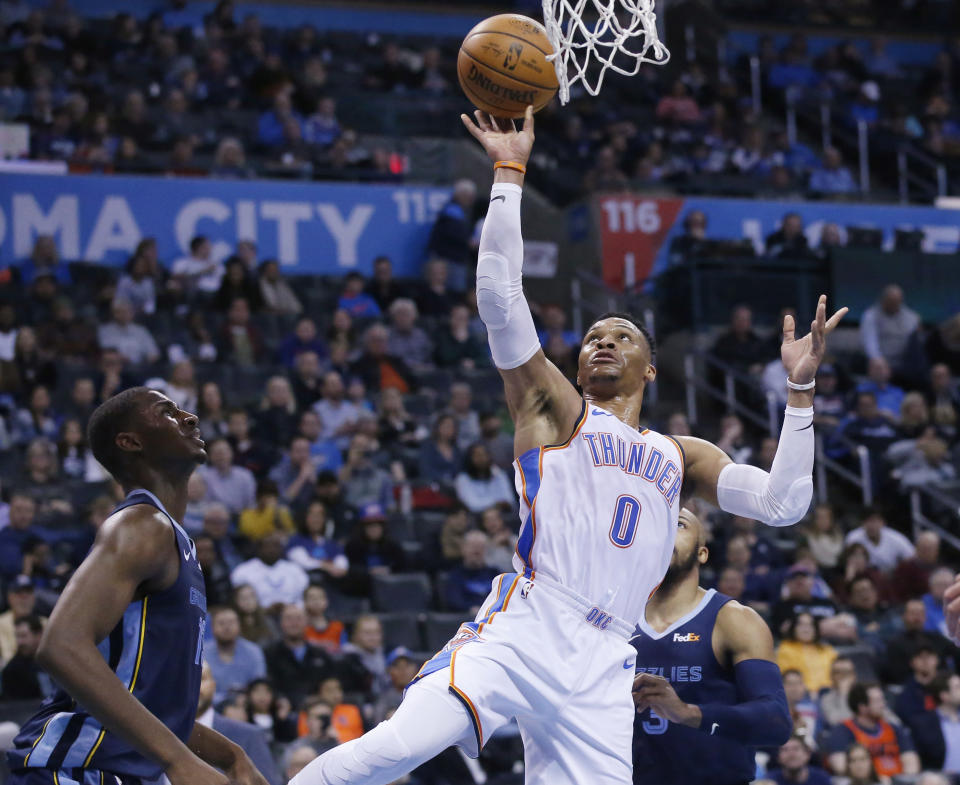 Russell Westbrook (0), del Thunder de Oklahoma City, encesta en un duelo con los Grizzlies de Memphis, el jueves 7 de febrero de 2019, en Oklahoma City. (AP Foto/Sue Ogrocki)