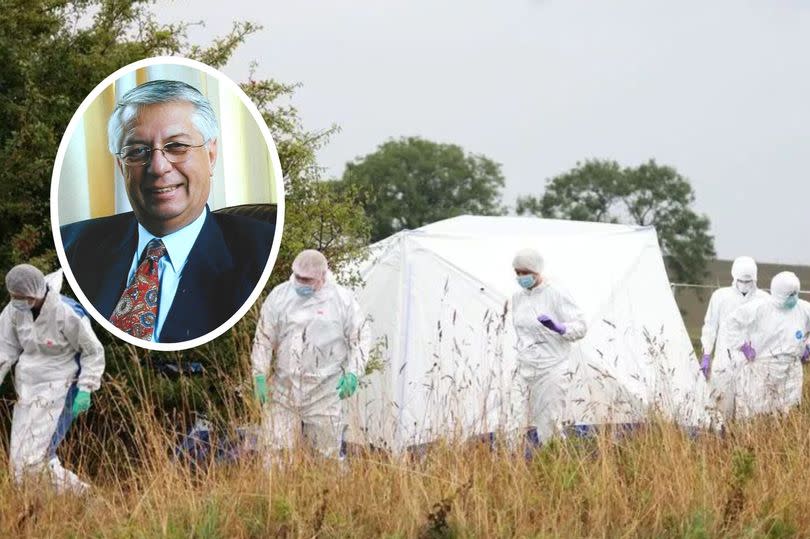 Forensics at a white tent by the side of the A696 when Peter Coshan's body was found there in September 2022. Inset, Dr Peter Coshan