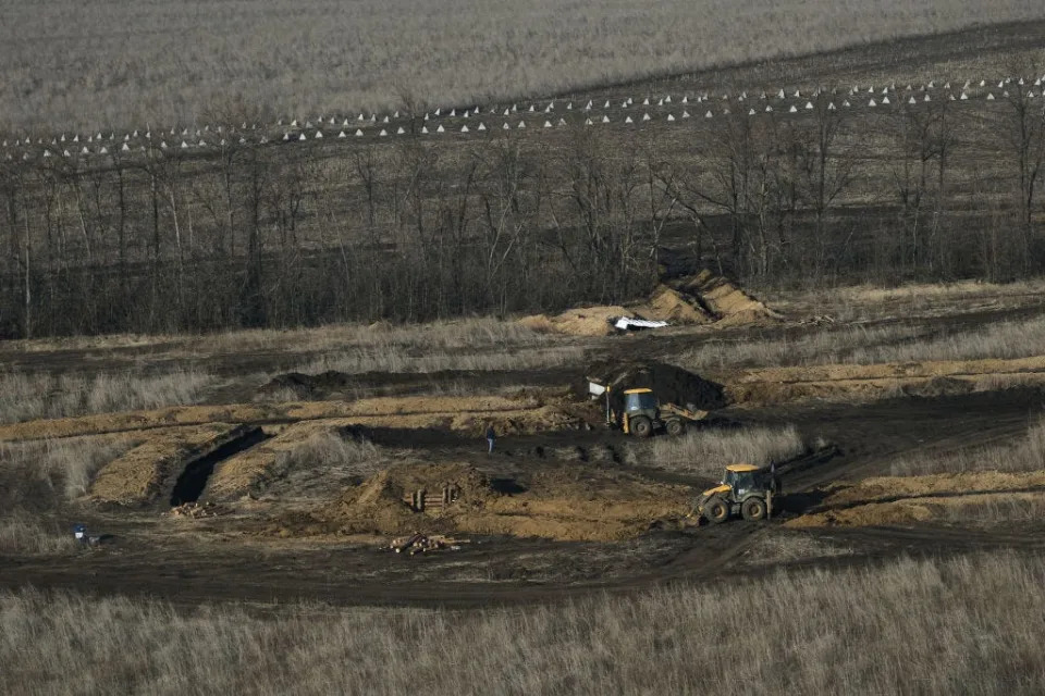 Drone view of the construction of the defense line on March 12, 2024 in Kharkiv region, Ukraine.