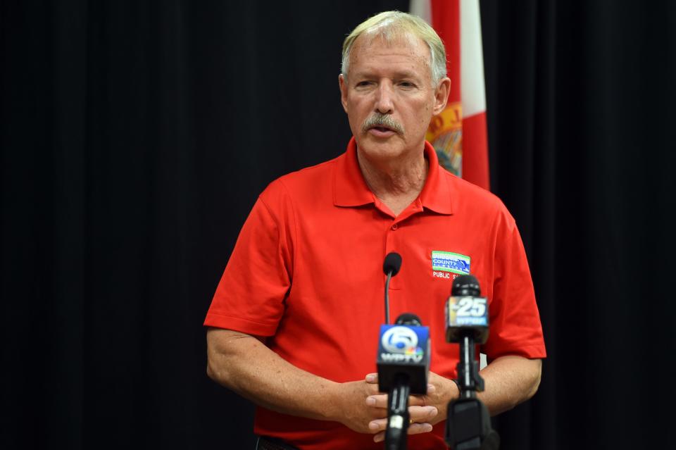 St. Lucie County Administrator Howard Tipton addresses the media at a news conference on Saturday, March 21, 2020, to update the public on local testing for the coronavirus. "The big message continues to be, maintain yourselves at home," Tipton said. 