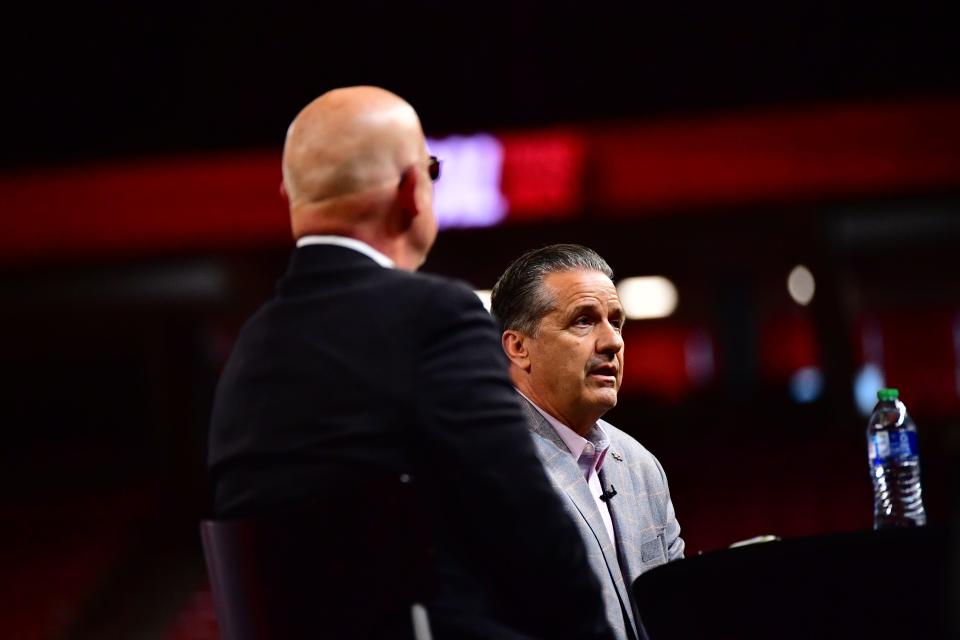 Arkansas basketball coach John Calipari takes the stage during his introduction to the Razorbacks' faithful Wednesday, April 10, 2024.