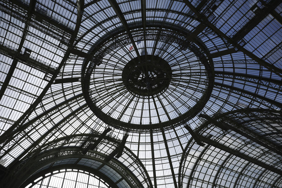 The glass-roof of the Grand Palais is pictured during the visit of French President Emmanuel Macron, ahead of the Paris 2024 Olympic Games in Paris, Monday, April15, 2024. The Grand Palais will host the Fencing and Taekwondo competitions during the Paris 2024 Olympic Games. (Yoan Valat, Pool via AP)