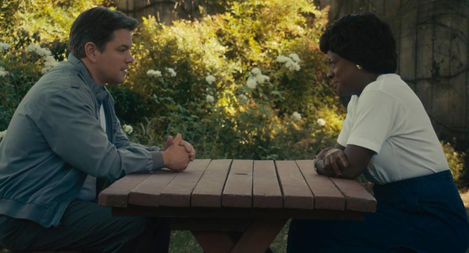 Matt Damon as Sonny Vaccaro and Viola Davis as Deloris Jordan in “Air.”