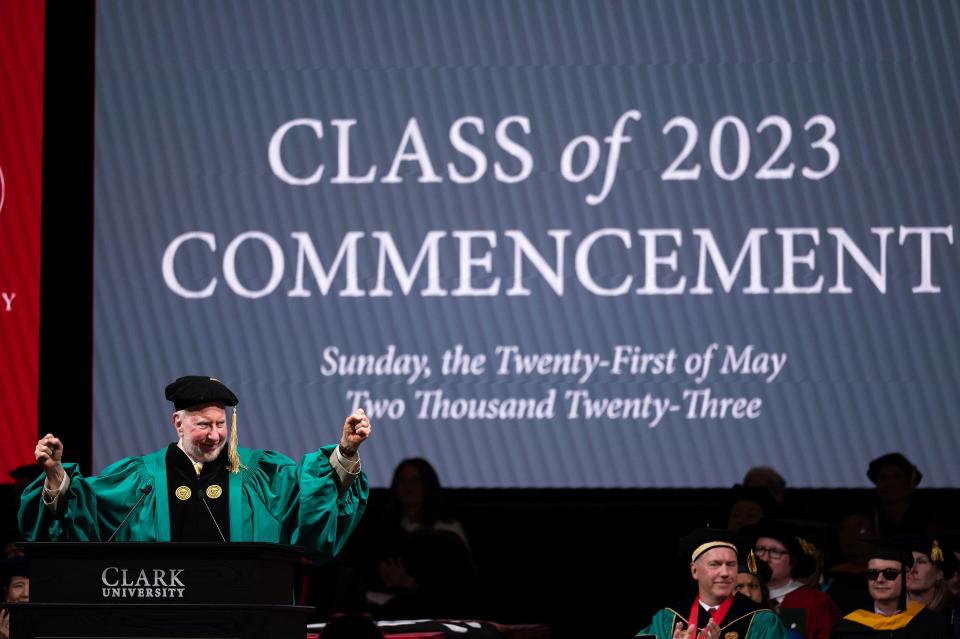 Commencement speaker Robert Putnam addresses the attendees of Clark University's 2023 commencement ceremony Sunday.