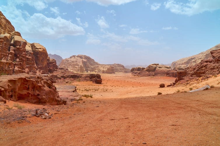 <span class="caption">A Wadi, or dry ephemeral riverbed, in Jordan.</span> <span class="attribution"><a class="link " href="https://www.shutterstock.com/image-photo/wadi-rum-desert-jordan-valley-moon-1120236425?src=REUyK-a86VSw544e5wNIjA-1-51" rel="nofollow noopener" target="_blank" data-ylk="slk:Shutterstock;elm:context_link;itc:0;sec:content-canvas">Shutterstock</a></span>