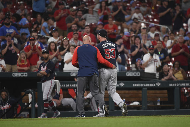 ATLANTA, GA - AUGUST 02: Atlanta Braves relief pitcher Jackson Stephens  (53) delivers a pitch during the Tuesday evening MLB game between the Atlanta  Braves and the Philadelphia Phillies on August 2