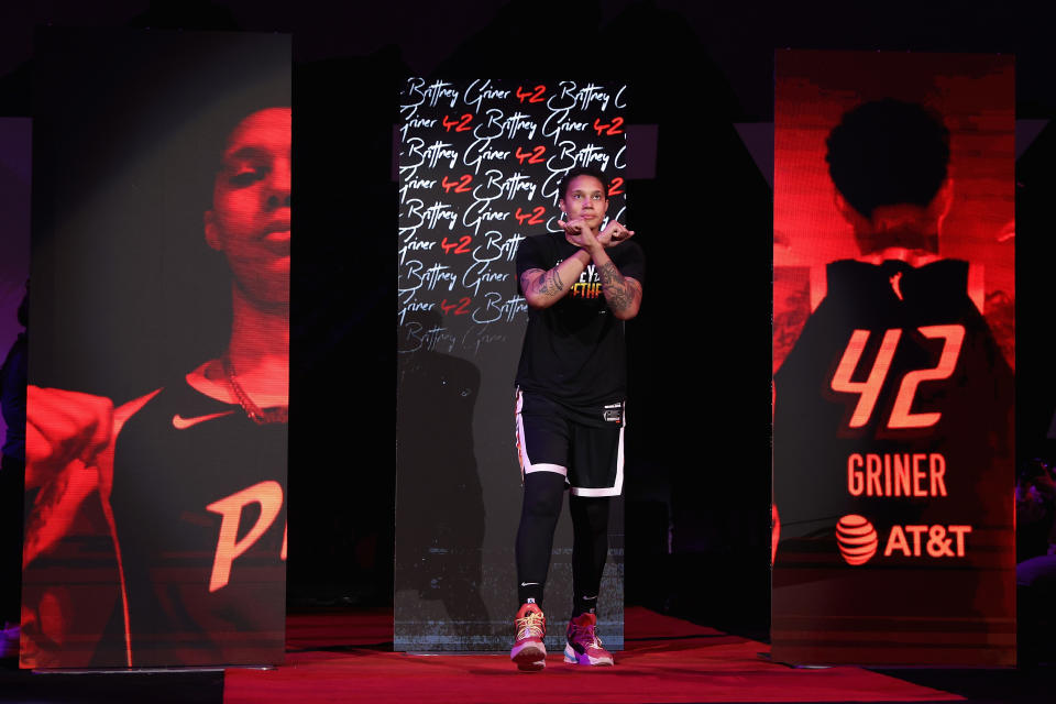 Phoenix Mercury center Brittney Griner is introduced before the Mercury&#39;s home opener at Footprint Center in Phoenix on May 21, 2023. (Christian Petersen/Getty Images)