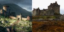 <p>Die raue Landschaft der schottischen Highlands bildete die perfekte Kulisse für die Abenteuer von Merida. Um ein perfekt rustikales Schloss zu finden, mussten die Zeichner dafür nicht lange suchen: Das Eilean Donan Castle brachte bereits die perfekten Eigenschaften mit. (Fotos: Disney, Getty Images) </p>