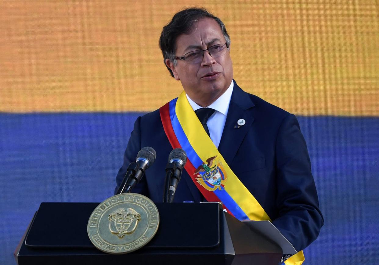 Colombia's new President Gustavo Petro delivers a speech after swearing in during his inauguration ceremony at Bolivar Square in Bogota, on August 7, 2022.