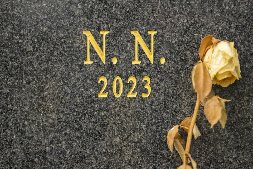 A gravestone with the inscription "N.N."(Nomen nescio), used to signify an anonymous or unnamed person, is adorned with a flower is seen at the cemetery in Bijeljina, eastern Bosnia, Sunday, Feb. 4, 2024. In several cities along this river between Bosnia and Serbia, simple, durable gravestones now mark the final resting places of dozens of refugees and migrants who drowned in the area while trying to reach Western Europe.(AP Photo/Darko Vojinovic)