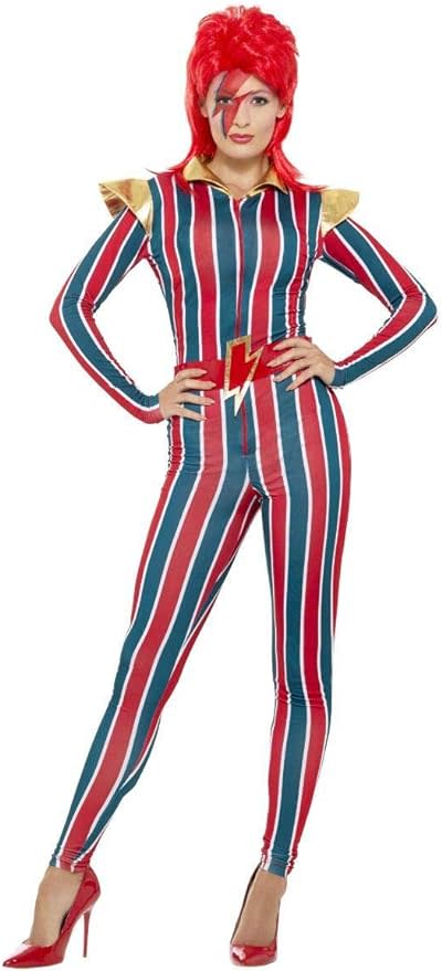 model wearing blue and red striped jumpsuit with red heels and lightning bolt face paint