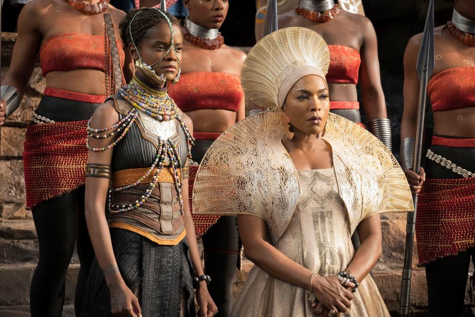 No Merchandising. Editorial Use Only. No Book Cover UsageMandatory Credit: Photo by Marvel/Disney/Kobal/REX/Shutterstock (9360960dj)Letitia Wright, Angela Bassett"Black Panther" Film - 2018