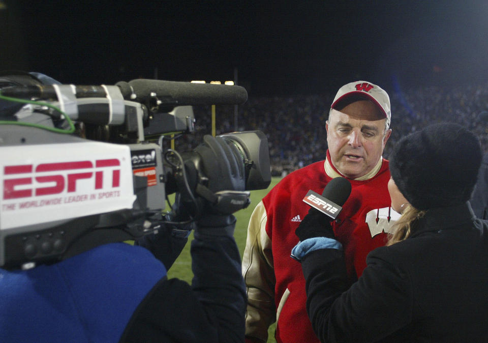 Oct. 16, 2004; West Lafayette, Indiana; University of Wisconsin head coach Barry Alvarez talks to ESPN after the Badger’s victory. Badgers beat the Boilermakers 20-17. Photo by Matthew Emmons-USA TODAY Sports