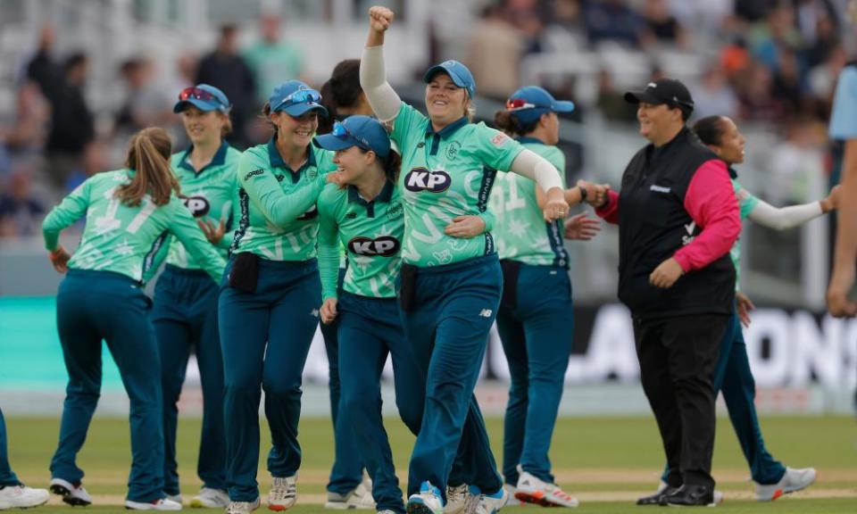 Dane van Niekerk raises a fist in the air after Oval Invincibles win the 2021 Hundred final at Lord’s