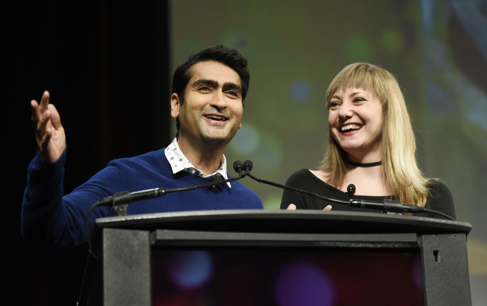 Kumail Nanjiani, left, and his wife Emily Gordon, the co-writers of the upcoming film "The Big Sick," discuss the film during the Amazon Studios presentation at CinemaCon 2017 at Caesars Palace on Thursday, March 30, 2017, in Las Vegas. Nanjiani also stars in the film. (Photo by Chris Pizzello/Invision/AP)