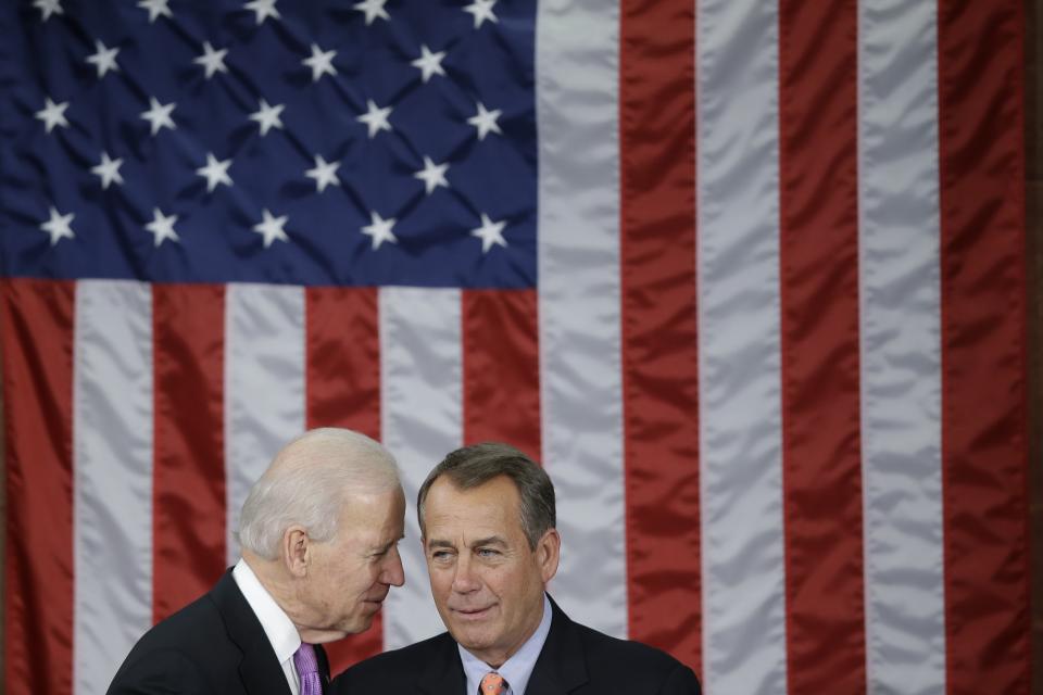 FILE - In this Feb. 12, 2013, file photo Vice President Joe Biden talks with House Speaker John Boehner of Ohio before President Barack Obama's State of the Union address during a joint session of Congress on Capitol Hill in Washington. (AP Photo/Pablo Martinez Monsivais, File)