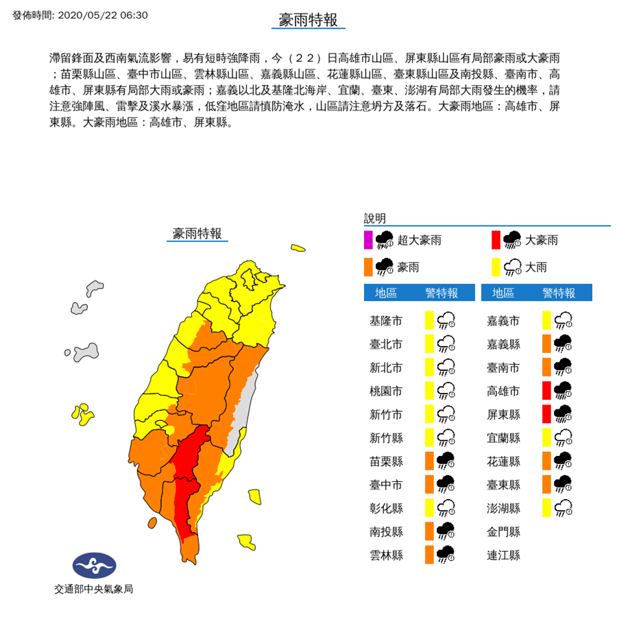 受滯留鋒面及西南氣流影響，今（22日）全台有雨，氣象局發布豪、大雨特報。（圖取自氣象局網頁）