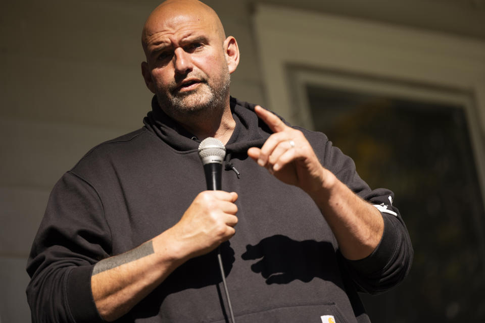 FILE - Senator John Fetterman, D-Pa, speaks at a campaign event held for Pennsylvania judicial candidates at Snipes Farm in Morrisville, Pa., Saturday, Oct. 28, 2023. Fetterman endorsed Rep. Andy Kim of New Jersey in his campaign to succeed Sen. Bob Menendez in New Jersey.(AP Photo/Ryan Collerd, File)