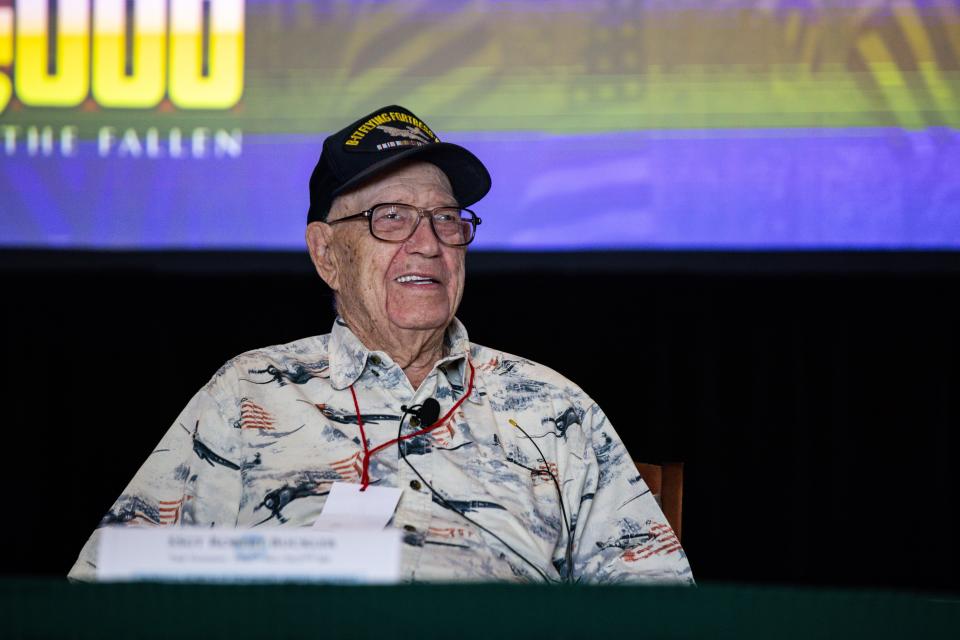 SSgt. Robert Buckler smiles at the audience during the WWII Eighth Air Force Veterans Panel at The National Museum of the Mighty Eighth Air Force Museum on Sunday, May 26th.