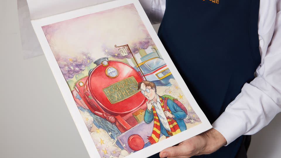 The watercolor illustration of fictional young wizard Harry Potter in front of the Hogwarts Express train is expected to sell for up to $600,000 on June 26. - Sotheby's