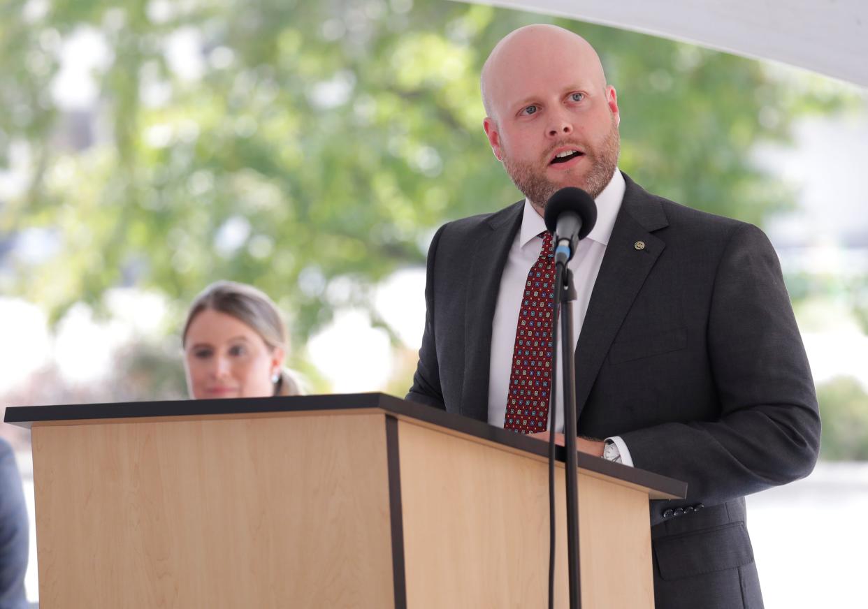 Jake Woodford, mayor of Appleton, speaks during a community gathering to celebrate the groundbreaking of the $40.4 million renovation and expansion of the Appleton Public Library Tuesday, July 25, 2023, in Appleton, Wis. Dan Powers/USA TODAY NETWORK-Wisconsin. 