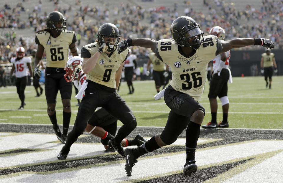 Vanderbilt wide receiver Trey Ellis (36) celebrates after scoring a touchdown against Western Kentucky on Saturday, Nov. 4, 2017, in Nashville, Tenn. (AP Photo/Mark Humphrey)