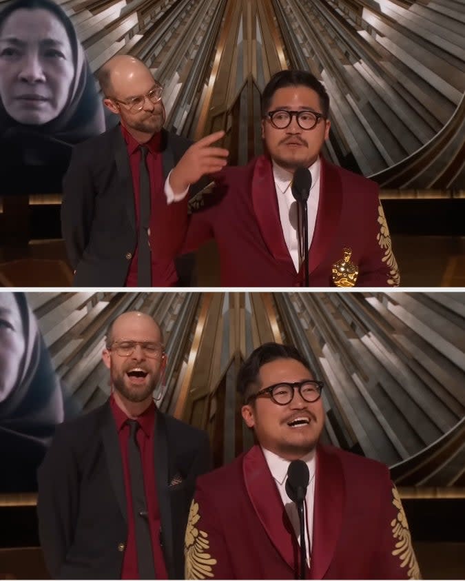 Daniel Kwan giving an acceptance speech at the Oscars