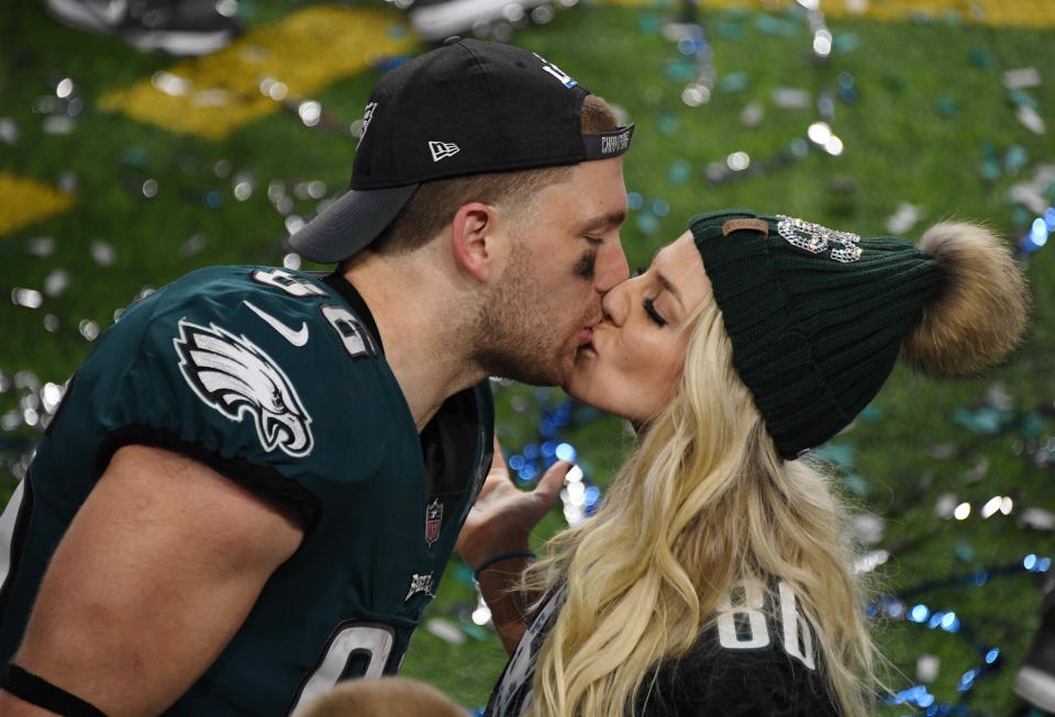 <p>Philadelphia Eagles tight end Zach Ertz (86) kisses his wife Julie Ertz after defeating the New England Patriots in Super Bowl LII at U.S. Bank Stadium. Mandatory Credit: Kirby Lee-USA TODAY Sports </p>