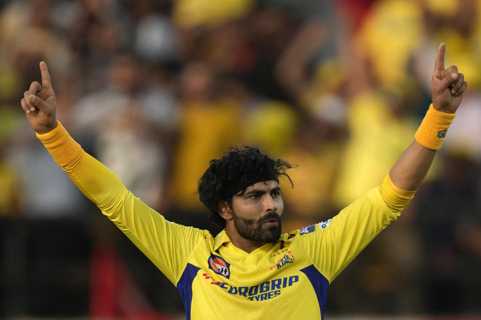 Chennai Super Kings' Ravindra Jadeja celebrates the wicket of Punjab Kings' Ashutosh Sharma during the Indian Premier League cricket match between Chennai Super Kings and Punjab Kings in Dharamshala, India, Sunday, May 5, 2024. (AP Photo /Ashwini Bhatia)