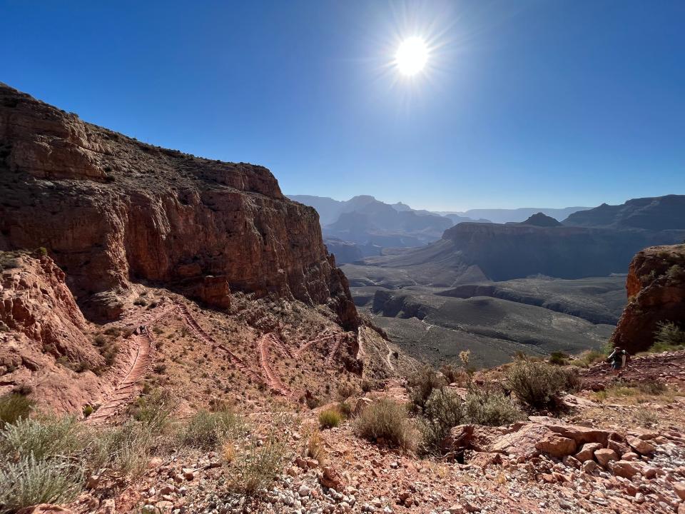 A view of the Grand Canyon on the trail looking down.