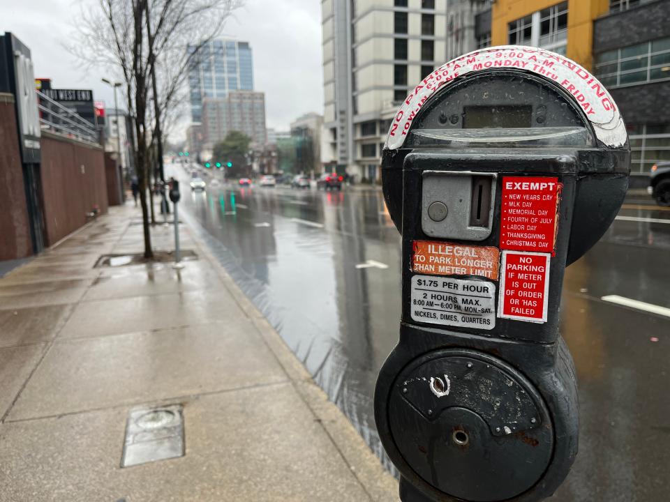 A coin-operated parking meter on West End Avenue in Nashville, Tenn. on Feb. 27, 2023. These meters have since been replaced with multi-space kiosks that accept several payment types.