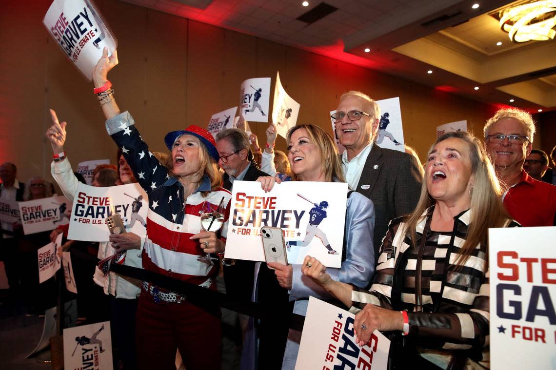 Supporters of Steve Garvey, Republican candidate for the California U.S. Senate, cheer during his election night watch party in Palm Desert on Super Tuesday in March.