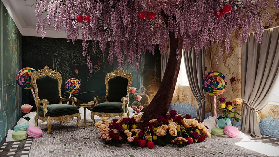 A whimsical lounge area in the suite, complete with a replica of the tree in Wonka’s candy shop.