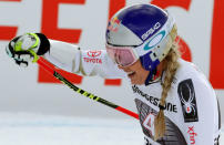 Alpine Skiing - FIS Alpine Skiing World Cup - Women's Alpine Super G - St. Moritz, Switzerland - December 9, 2017 - Lindsey Vonn of the U.S. reacts at the finish line. REUTERS/Arnd Wiegmann