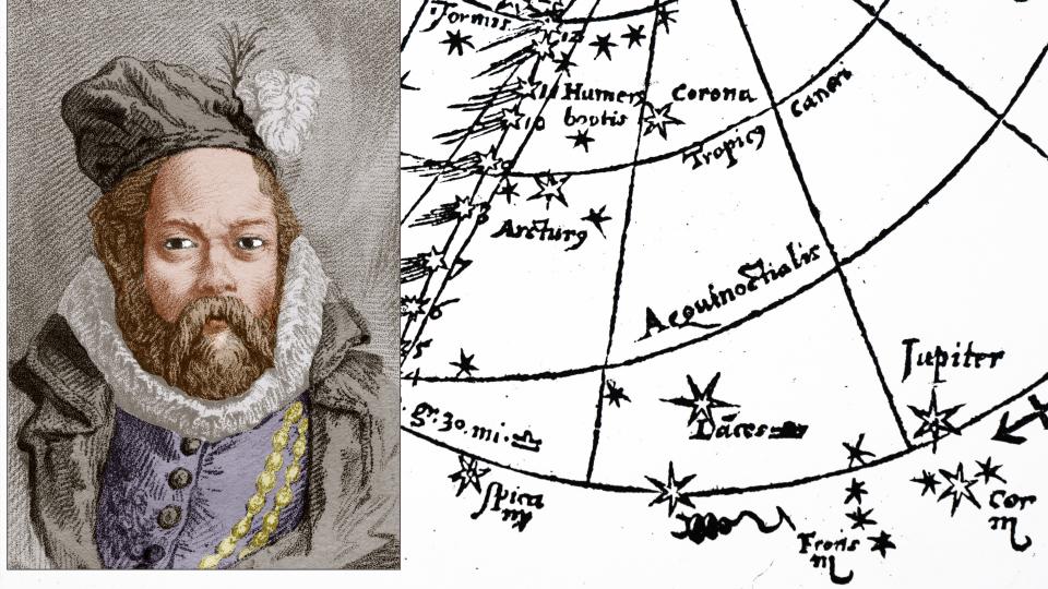  A drawing of tycho brahe with a fur coat and feathered hat, on left. on right is a diagram of the sky showing lines of latitude and longitude and various objects labeled, like the planet jupiter and the star arcturus. 