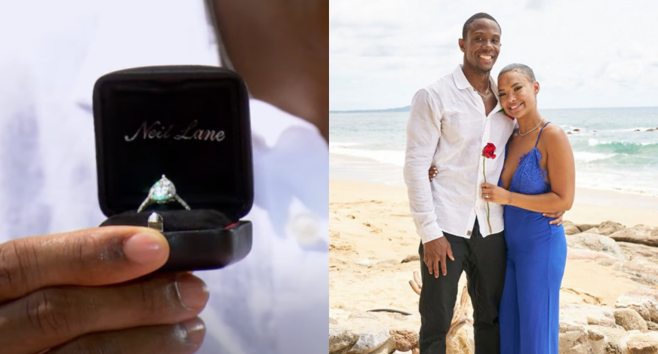 Maurissa Gunn and Riley Christian were the second BiP couple of the episode to get engaged (Photos via Bachelor Nation/YouTube & bachelorinparadise/Instagram)
